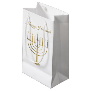 Happy Hanukkah Faux Gold Menorah White Holiday Small Gift Bag