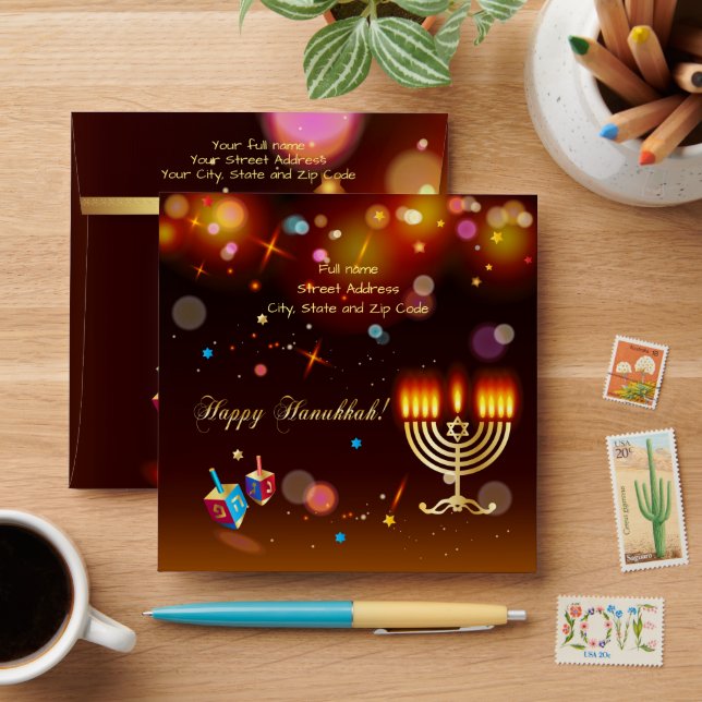 Happy Hanukkah Festival of Lights Gold 75th Envelope (Desk)