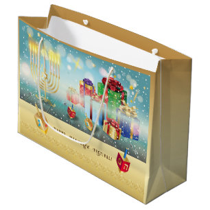 Happy Hanukkah Festival of Lights Gold Large Gift Bag