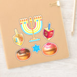 Happy Hanukkah Festival Party Holiday Symbols<br><div class="desc">Chanukkah labels stickers. Happy Hanukkah Party Jewish Holiday Menorah, Doughnuts, Dreidel. Jewish Holiday Chanukkah Decoration with traditional Chanuka decorative symbol - Colourful Cartoon Hanukkiah menorah, candlestick with candles, Doughnuts, Wooden Dreidel (spinning top toy) star of David and glowing lights illustration. Hanukkah Festival of lights Event Decoration. Jerusalem, Israel. Crafts &...</div>