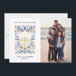 Happy Hanukkah Festive Watercolor Menorah Photo   Holiday Card<br><div class="desc">Happy Hanukkah! Send Hanukkah greetings to family and friends with this elegant photo flat card. It features watercolor Menorah and elegant wreath foliage in a sophisticated palette of gold, light blue, and navy blue. Customise the card with your cherished vertical photo and two lines of custom text to add a...</div>