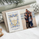 Happy Hanukkah Festive Watercolor Menorah Photo   Holiday Card<br><div class="desc">Happy Hanukkah! Send Hanukkah greetings to family and friends with this elegant photo flat card. It features watercolor Menorah and elegant wreath foliage in a sophisticated palette of gold, light blue, and navy blue. Customise the card with your cherished vertical photo and two lines of custom text to add a...</div>