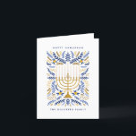 Happy Hanukkah Festive Watercolor Menorah Photo Holiday Card<br><div class="desc">Happy Hanukkah! Send Hanukkah greetings to family and friends with this elegant folded photo card. It features watercolor Menorah and elegant wreath foliage in a sophisticated palette of gold, light blue, and navy blue. Customise the card with your favourite message and two lines of custom text to add a personal...</div>