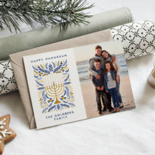 Happy Hanukkah Festive Watercolor Menorah Photo   Holiday Postcard