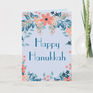 Happy Hanukkah Floral Blue and Pink Floral Holiday Card