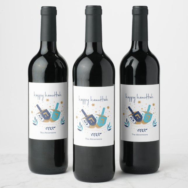 Happy Hanukkah Floral Dreidel Wine Label (Bottles)