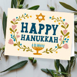 HAPPY HANUKKAH floral wreath Jewish Customisable  Card<br><div class="desc">Hand drawn text and florals by me for you.  Add your own text to the inside of the card or change the background colours. For more designs and colours check my shop! Or let me know if you'd like something custom.  Ask if you don't find what you need! :)</div>