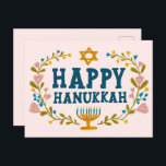 HAPPY HANUKKAH floral wreath Jewish Customisable  Postcard<br><div class="desc">Hand drawn text and florals by me for you.  Add your own text to the back of the postcard or change the background colours. For more designs and colours check my shop! Or let me know if you'd like something custom.  Ask if you don't find what you need! :)</div>