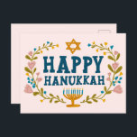 HAPPY HANUKKAH floral wreath Jewish Customisable  Postcard<br><div class="desc">Hand drawn text and florals by me for you.  Add your own text to the back of the postcard or change the background colours. For more designs and colours check my shop! Or let me know if you'd like something custom.  Ask if you don't find what you need! :)</div>