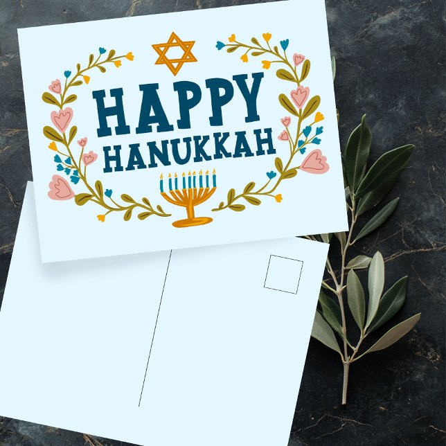 HAPPY HANUKKAH floral wreath Jewish Customisable  Postcard (HAPPY HANUKKAH floral wreath Jewish Customizable Postcard
)