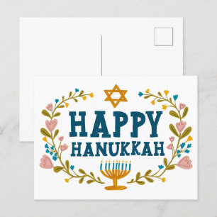 HAPPY HANUKKAH floral wreath Jewish Customisable  Postcard