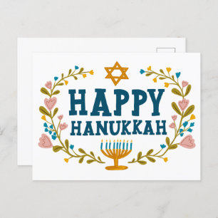 HAPPY HANUKKAH floral wreath Jewish Customizable Postcard