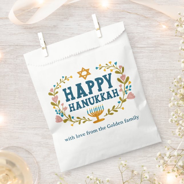 HAPPY HANUKKAH floral wreath Jewish Holiday CUSTOM Favour Bag (Clipped)