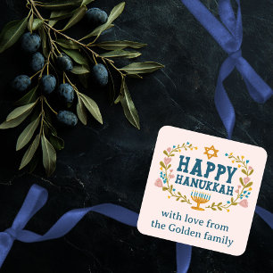 HAPPY HANUKKAH floral wreath Jewish Holiday CUSTOM Square Sticker