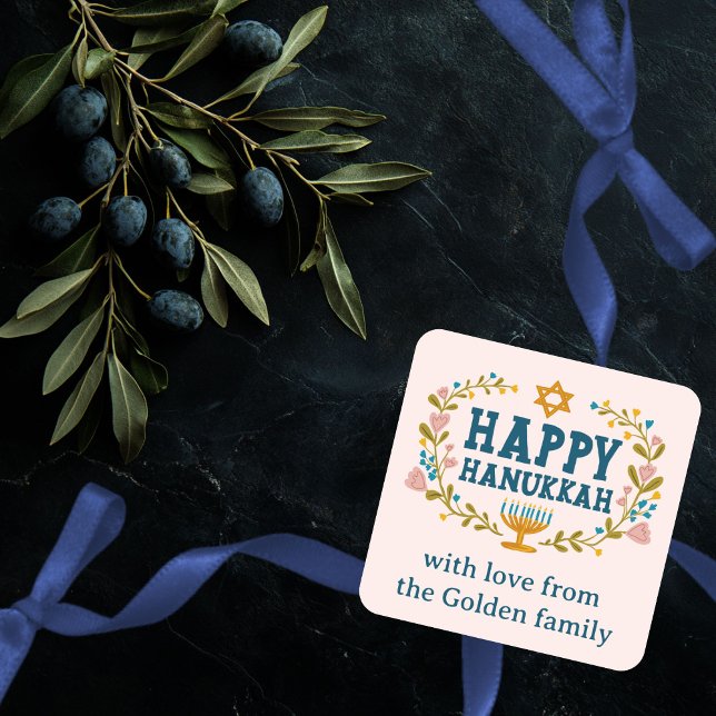 HAPPY HANUKKAH floral wreath Jewish Holiday CUSTOM Square Sticker (HAPPY HANUKKAH floral wreath Jewish Holiday CUSTOM Square Sticker
)