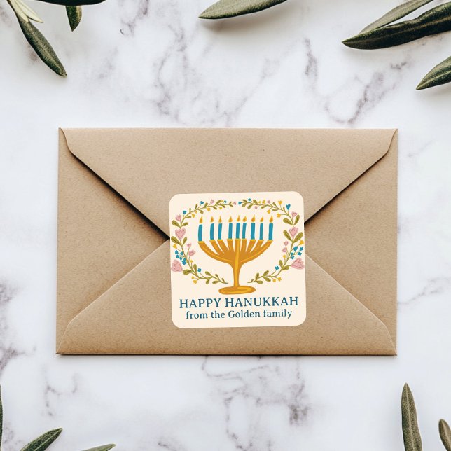 HAPPY HANUKKAH floral wreath Jewish Holiday CUSTOM Square Sticker (HAPPY HANUKKAH floral wreath Jewish Holiday CUSTOM Square Sticker
)