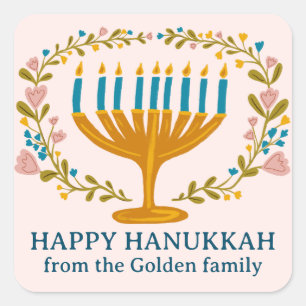 HAPPY HANUKKAH floral wreath Jewish Holiday CUSTOM Square Sticker