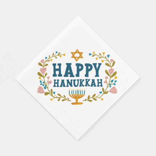 HAPPY HANUKKAH floral wreath Jewish Holiday  Napkin (Corner)