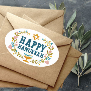 HAPPY HANUKKAH floral wreath Jewish Holiday  Oval Sticker