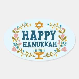 HAPPY HANUKKAH floral wreath Jewish Holiday  Oval Sticker
