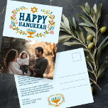 HAPPY HANUKKAH Floral Wreath Menorah Custom PHOTO Postcard<br><div class="desc">Hand drawn text and florals by me for you. Click "personalise" to edit and add your own photo to the front and text and return address to the back of the postcard or change the background colours. Everything is customisable. For more designs and colours check my shop! Or let me...</div>