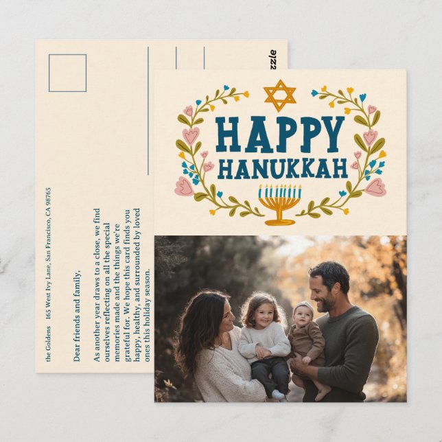 HAPPY HANUKKAH Floral Wreath Menorah Custom PHOTO Postcard (Front/Back)