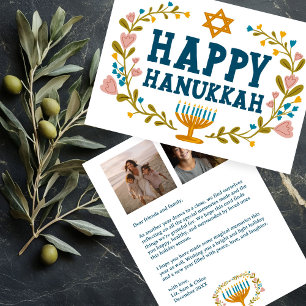 HAPPY HANUKKAH Floral Wreath Menorah Custom Photos Holiday Card