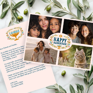 HAPPY HANUKKAH Floral Wreath Menorah Custom Photos Holiday Card