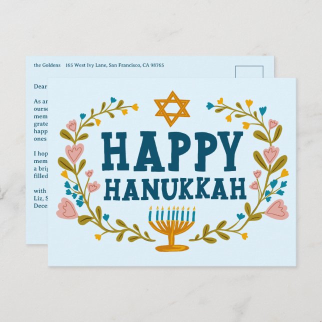 HAPPY HANUKKAH Floral Wreath Menorah Custom text Postcard (Front/Back)