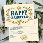 HAPPY HANUKKAH Floral Wreath Menorah Custom text Postcard<br><div class="desc">Hand drawn text and florals by me for you. Click "personalise" to edit and add your own text and return address to the back of the postcard or change the background colours. Everything is customisable. For more designs and colours check my shop! Or let me know if you'd like something...</div>