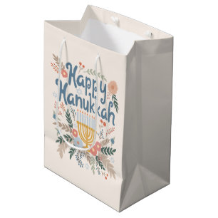 Happy Hanukkah Florals Hand-drawn Jewish Holiday  Medium Gift Bag