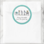 Happy Hanukkah from New York City NYC Chanukah Classic Round Sticker<br><div class="desc">Design features an original pen-and-ink illustration of various New York City landmarks, including the Statue of Liberty, Washington Square Arch, and the Brooklyn Bridge, "dressed up" for the holiday season. Ideal for celebrating Hanukkah and the Jewish holidays. This NYC design is also available on other products. Coordinating Chanukah party designs...</div>