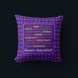 HAPPY HANUKKAH Fruit of the Spirit PURPLE Cushion<br><div class="desc">Colourful festive pillow with faux silver Star of David in subtle background pattern. FRUIT OF THE SPIRIT including Hebrew translations are written in red,  yellow and green. HAPPY HANUKKAH is customisable if you want to add your name. Part of the HANUKKAH Collection.</div>