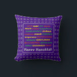 HAPPY HANUKKAH Fruit of the Spirit PURPLE Cushion<br><div class="desc">Colourful festive pillow with faux silver Star of David in subtle background pattern. FRUIT OF THE SPIRIT including Hebrew translations are written in red,  yellow and green. HAPPY HANUKKAH is customisable if you want to add your name. Part of the HANUKKAH Collection.</div>