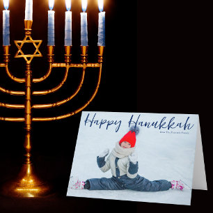 Happy Hanukkah Full Photo Modern Blue Script Holiday Card