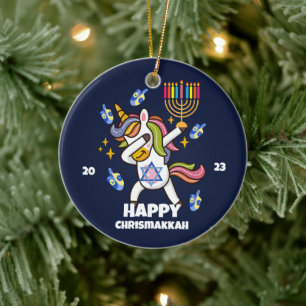 Happy Hanukkah ,funny dabbing unicorn Ceramic Ornament