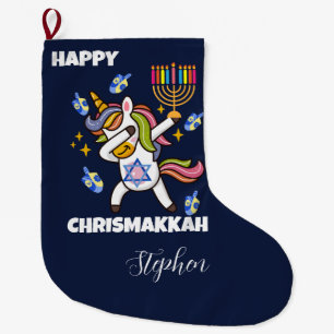 Happy Hanukkah ,funny  dabbing  unicorn Large Christmas Stocking