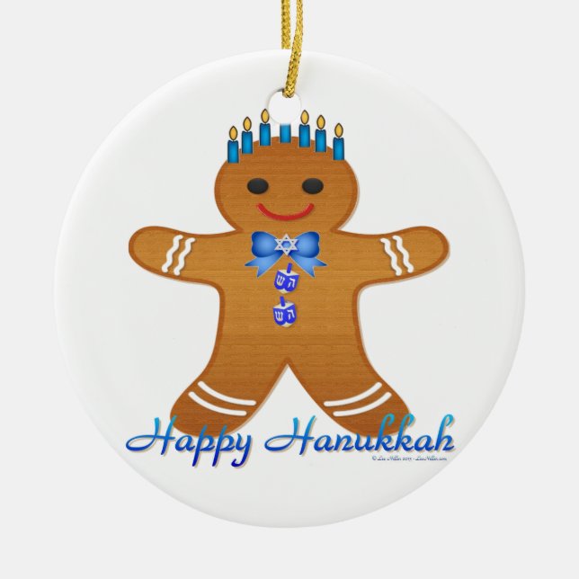 Happy Hanukkah Gingerbread Man Menorah Ceramic Ornament (Front)