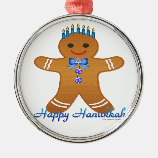 Happy Hanukkah Gingerbread Man Menorah Metal Ornament (Front)