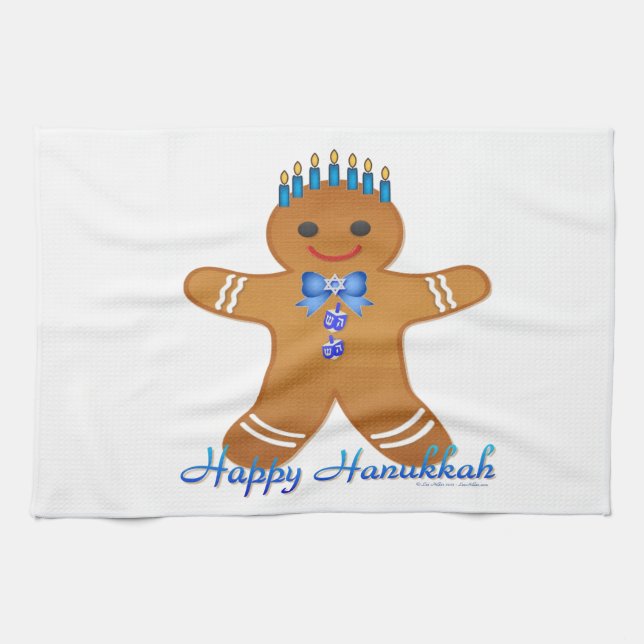 Happy Hanukkah Gingerbread Man Menorah Tea Towel (Horizontal)