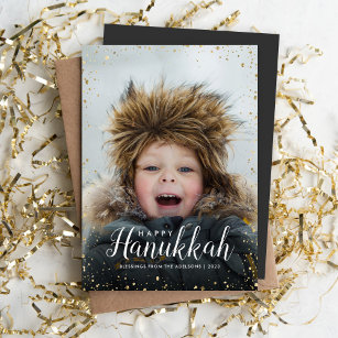 Happy Hanukkah   Glitz Faux Glitter Photo Overlay Holiday Card