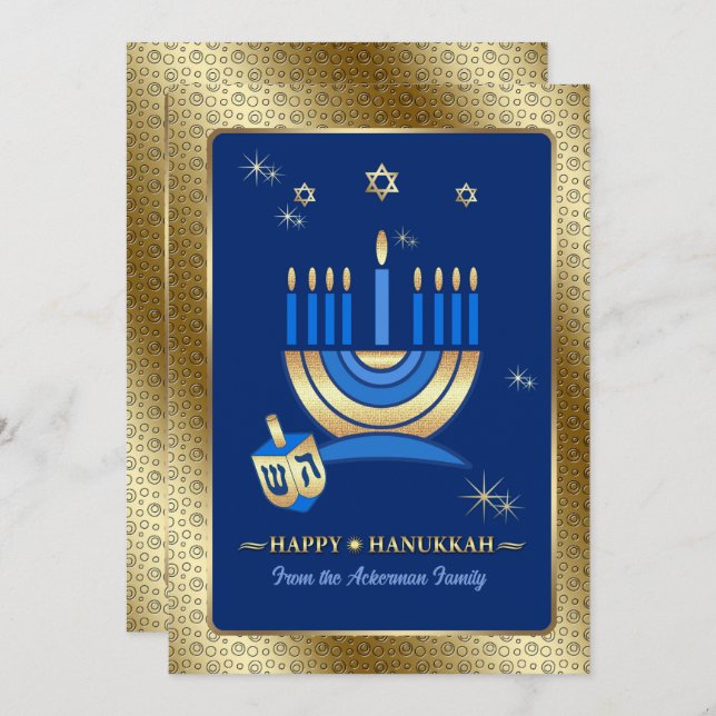 Happy Hanukkah. Gold Menorah & Dreidel Holiday Card (Front/Back)