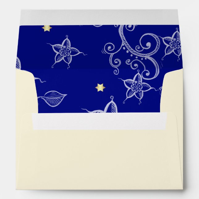 Happy Hanukkah. Gold Menorah & Floral Pattern Envelopes (Back (Bottom))