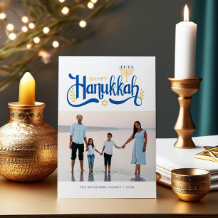 "Happy Hanukkah" Gold Menorah Holiday Card