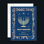 Happy Hanukkah. Gold Menorah Holiday Postcard<br><div class="desc">Happy Hanukkah. Elegant Festive Gold Foil Menorah and Stars of David Postcard with personalised name. Matching cards and gifts available in the Jewish Holidays / Hanukkah Category of our store.</div>