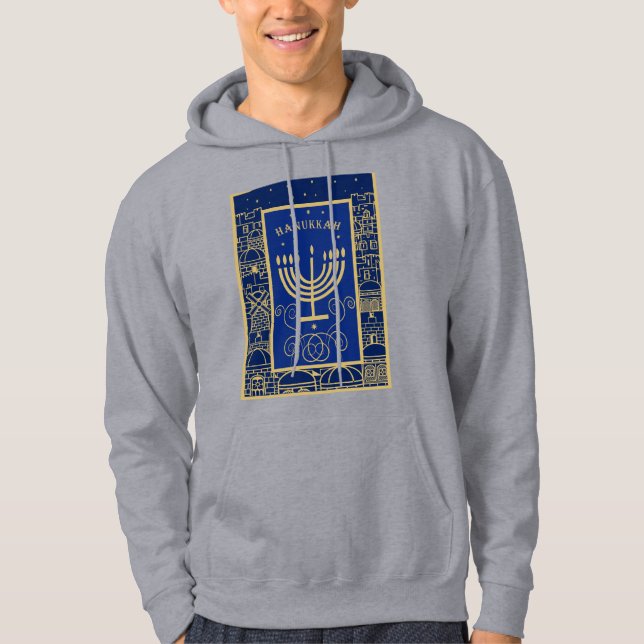 Happy Hanukkah Gold Menorah Jewish Holiday Hoodie (Front)