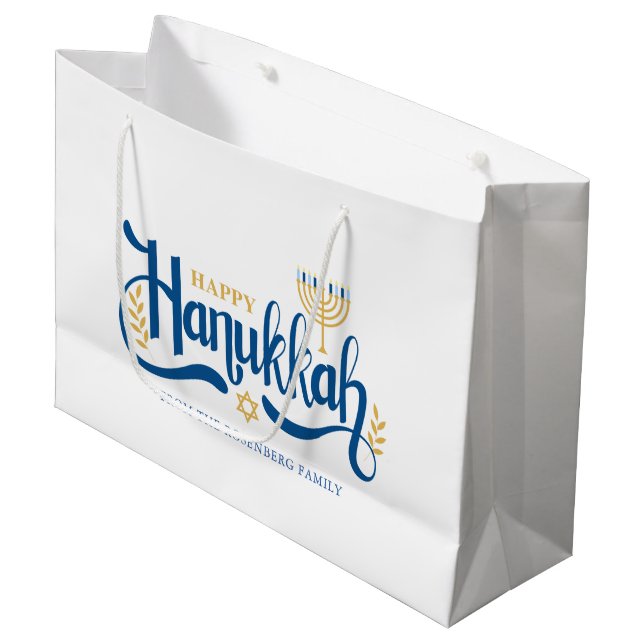 "Happy Hanukkah"  Gold Menorah Large Gift Bag (Front Angled)