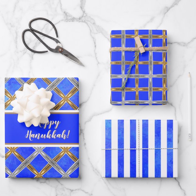 Happy Hanukkah Gold, Silver, and White Laced Wrapping Paper Sheet (Front)