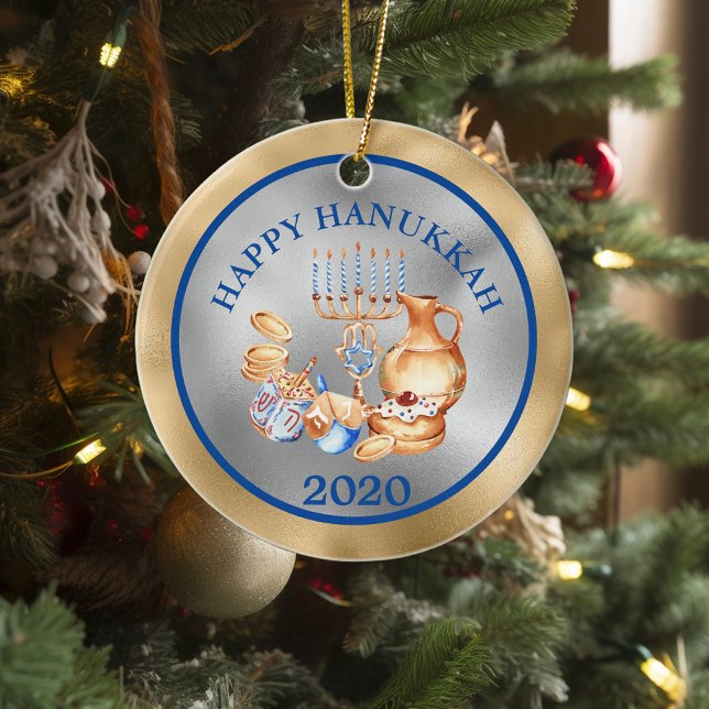 Happy Hanukkah Gold Silver Menorah Ceramic Ornament (Creator Uploaded)