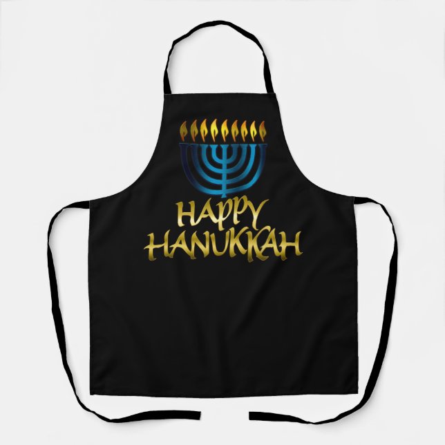 Happy Hanukkah Gold Teal Menorah Apron (Front)